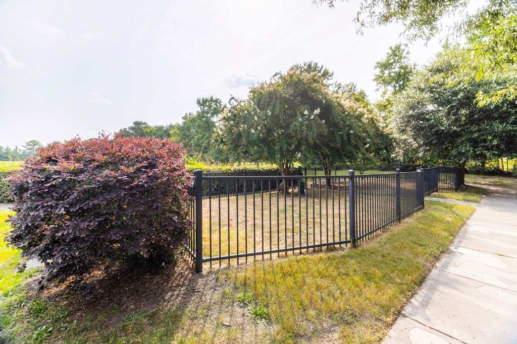 A black metal fence runs along a sidewalk at Streets of Greenbrier, Chesapeake, VA