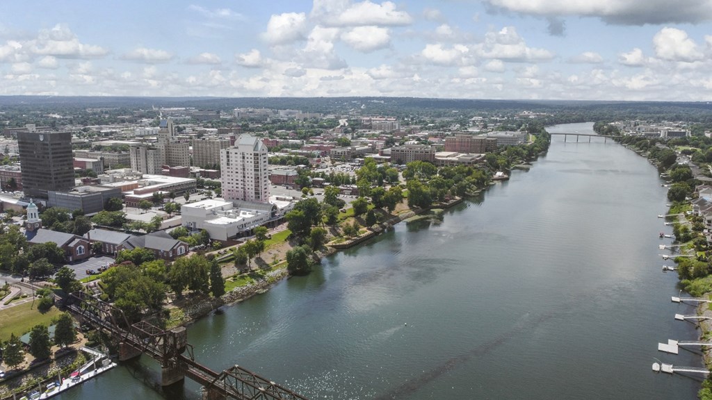 A river flows through a city with a bridge crossing it
