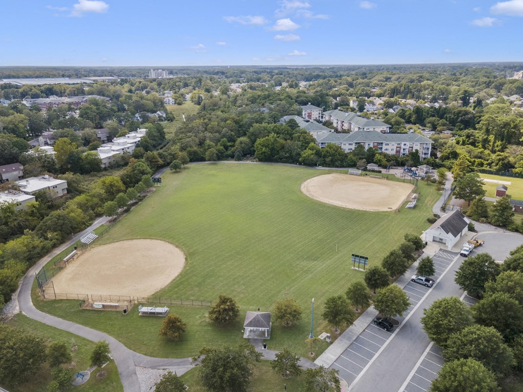 an aerial view of a baseball field in a city park at Saltmeadow Bay, Virginia Beach, VA, 23451
