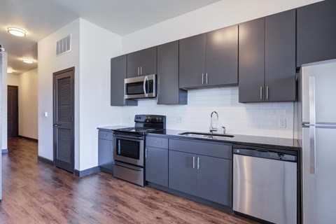 A kitchen with black cabinets and stainless steel appliances.