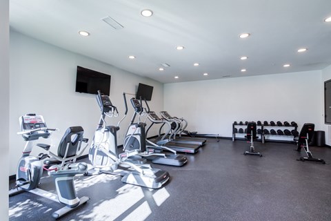 A gym with a variety of exercise equipment including treadmills, stationary bikes, and weight racks.