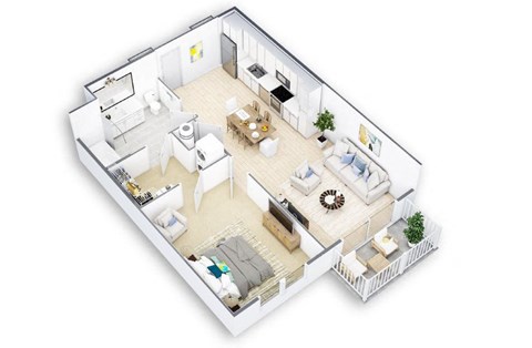 A 3D floor plan of a house with a living room, kitchen, dining room, and bedrooms.