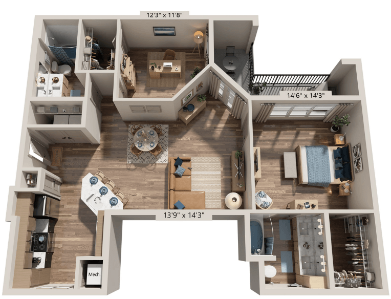 Two Bedroom Two Bath floorplan at The River, Chester, VA