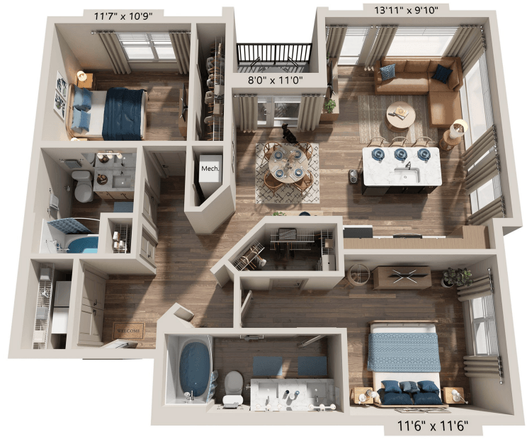 Two Bedroom Two Bathroom floorplan at The River, Chester, Virginia