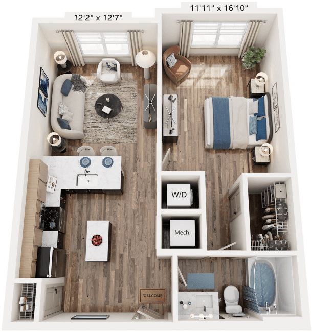 1 Bedroom 1 Bath floorplan at The River, Chester, 23836