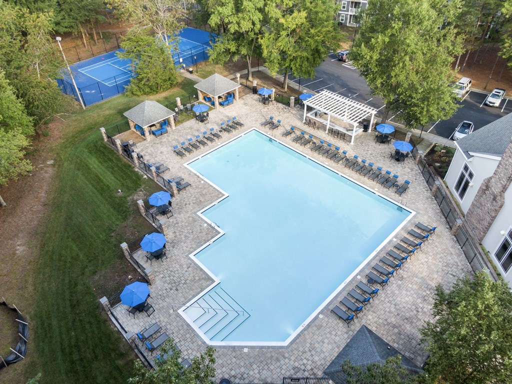 arial view of a pool with chairs and tables around it at Trails at Short Pump Apartments, Richmond, VA