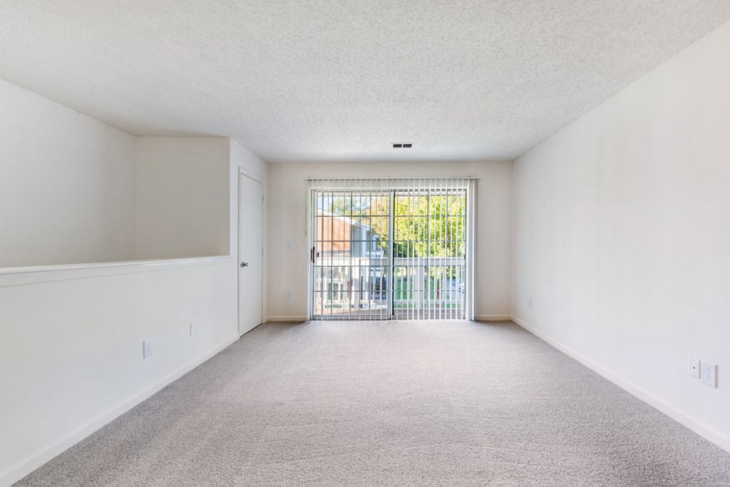 A room with white walls and a carpeted floor with a sliding glass door.