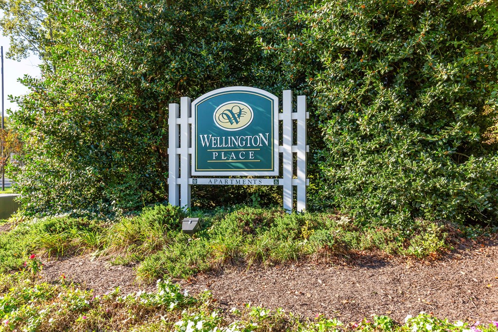 A sign for Wellington Place in front of a green hedge.