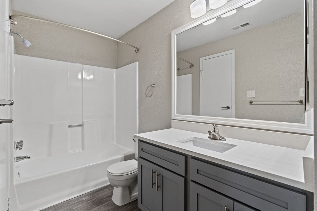 a bathroom with a sink and a shower and a toilet at Trails at Short Pump Apartments, Richmond, 23233
