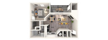 this is a 3d floor plan of a 855 square foot 1 bedroom apartment at the at Bellemeade Farms Apartments, Virginia, 20175