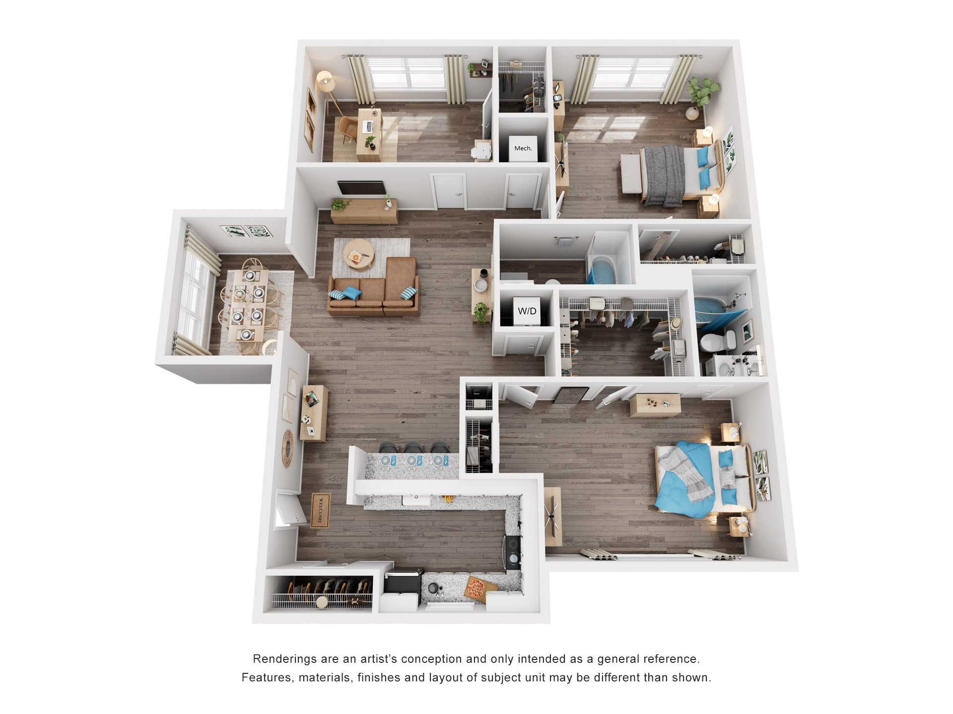 3 Bed 2 Bath Floor Plan | 1,145 Sq. Ft. at Trails at Short Pump Apartments in Richmond, VA, 23233