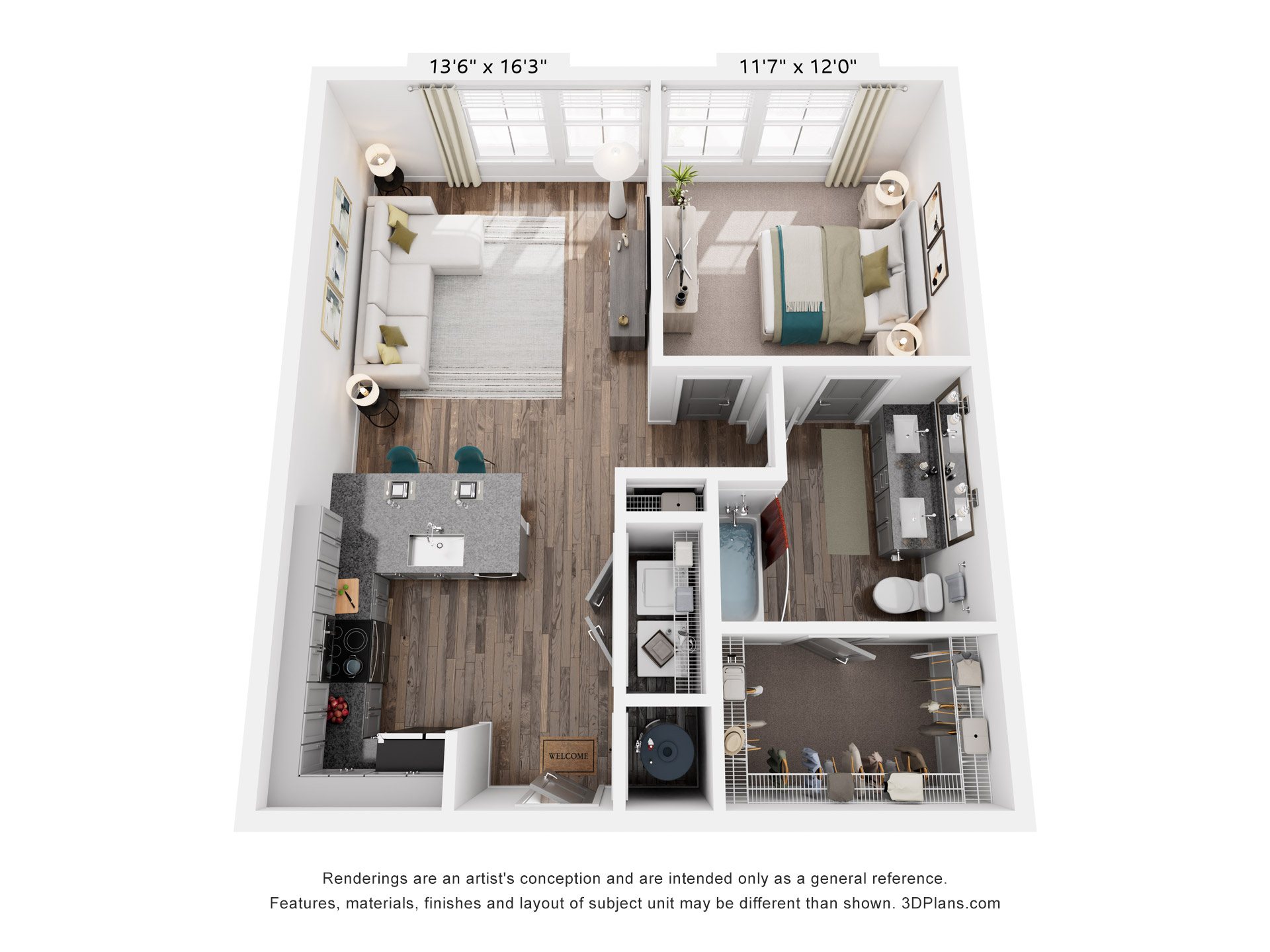 1 Bed 1 Bath Floor Plan | 702 Sq. Ft. at Livingston Flats Apartments, VA, 23832