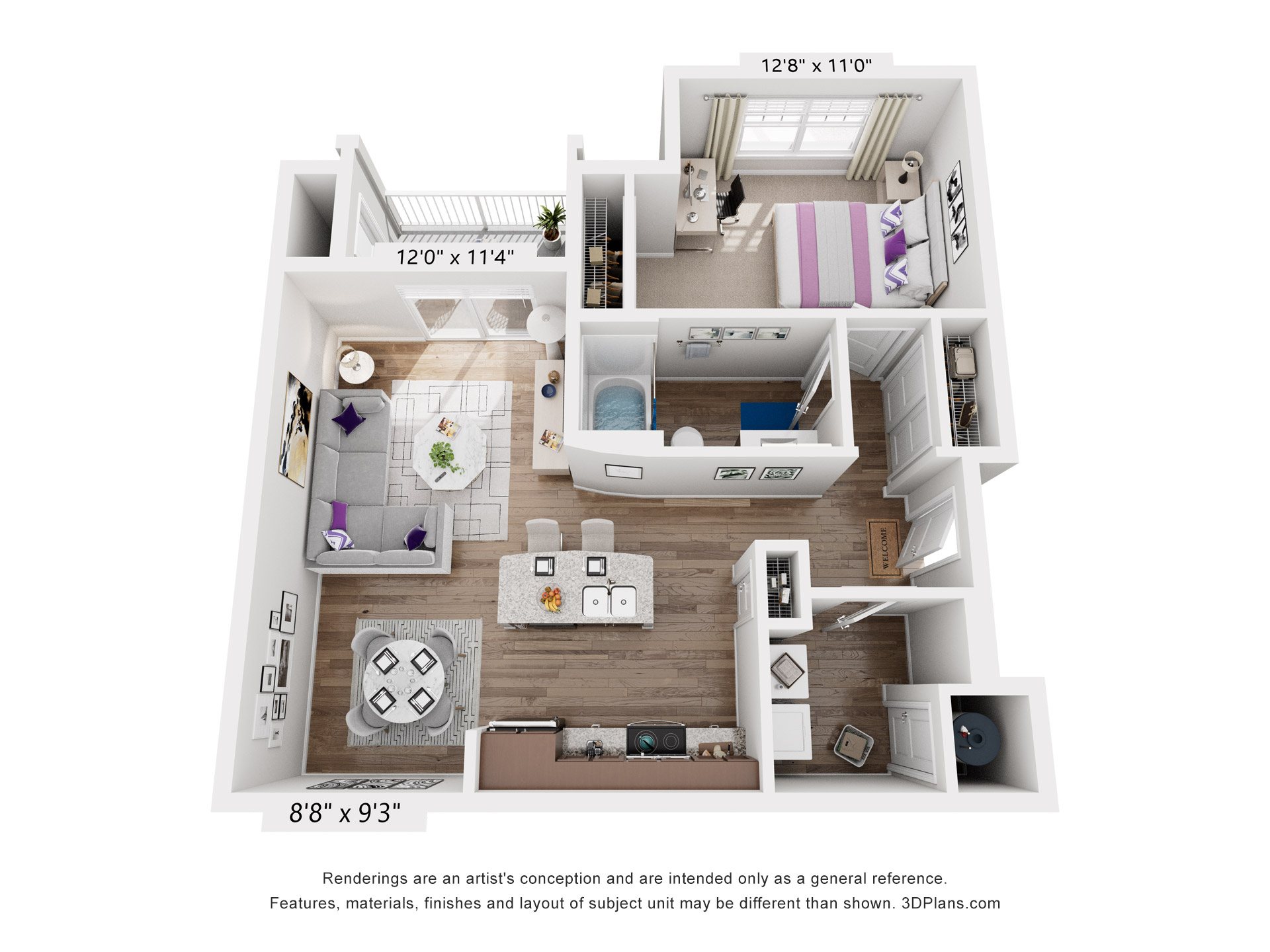 1 Bed 1 Bath Floor Plan | 860 Sq. Ft. at Sapphire at Centerpointe, Midlothian, Virginia, 23114