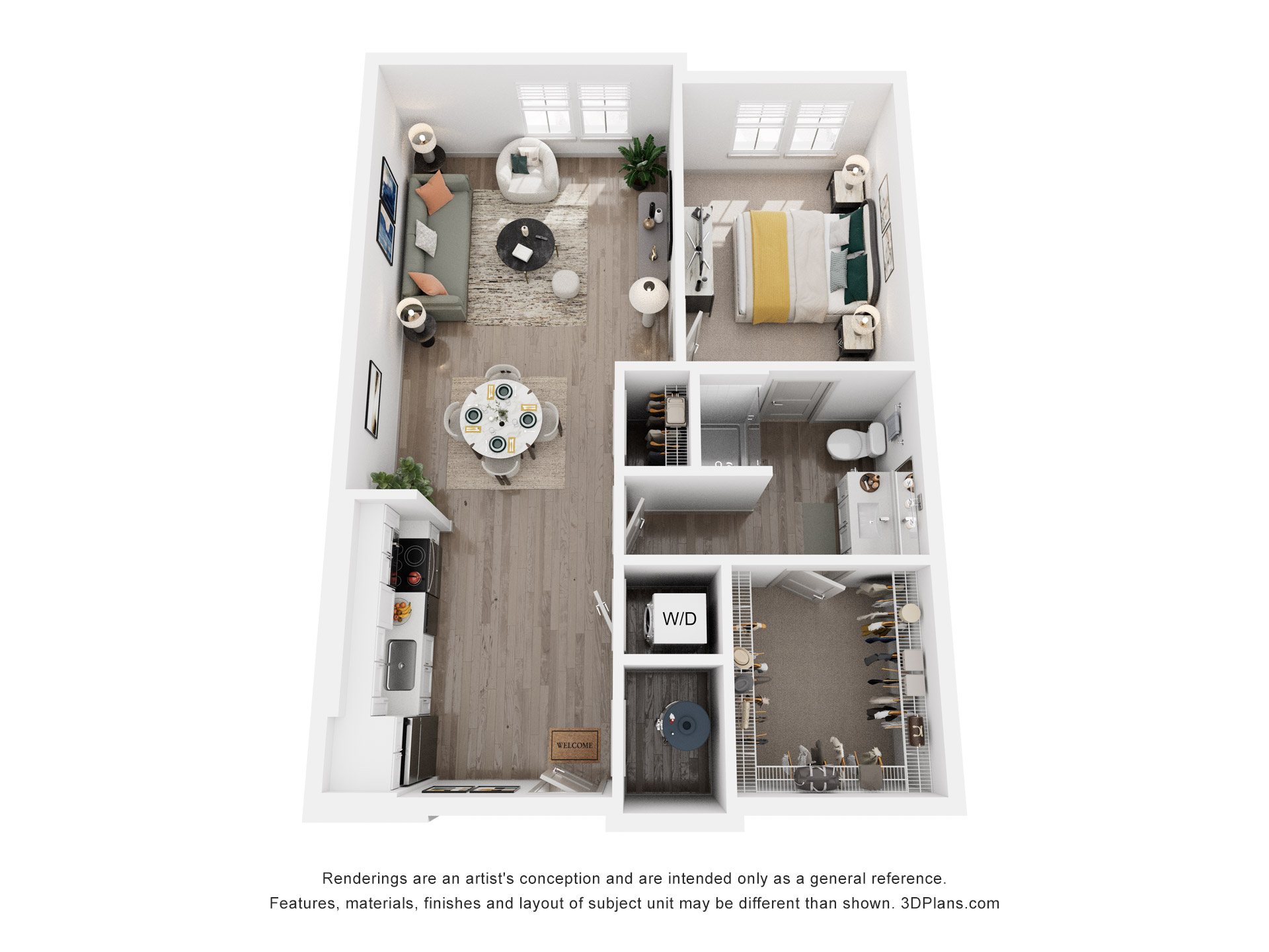 1 Bed 1 Bath Floor Plan | 676 Sq. Ft.  at Artistry at Winterfield Apartments, Midlothian, VA