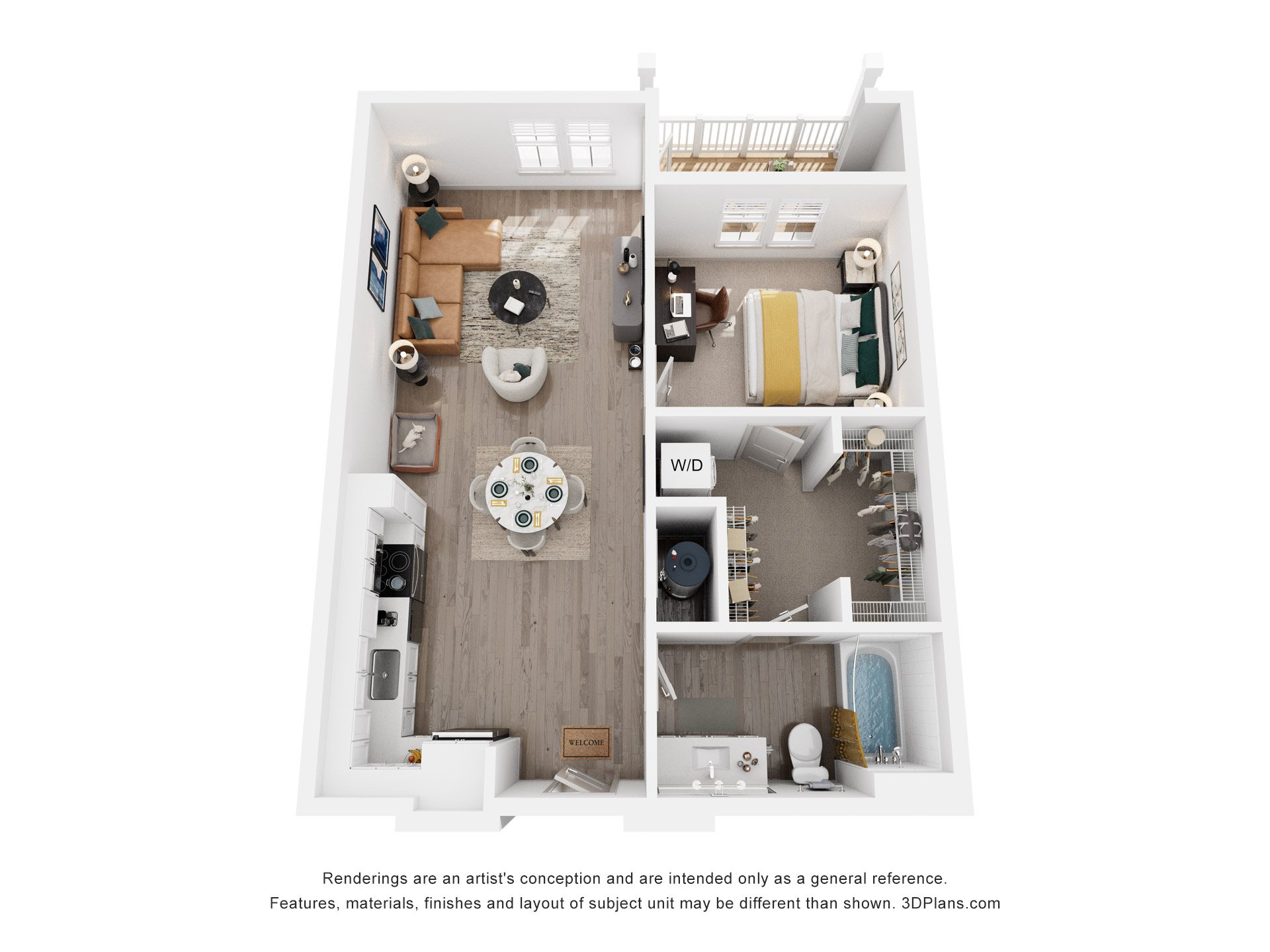 1 Bed 1 Bath Floor Plan | 941 Sq. Ft. at Artistry at Winterfield Apartments, Virginia 23112