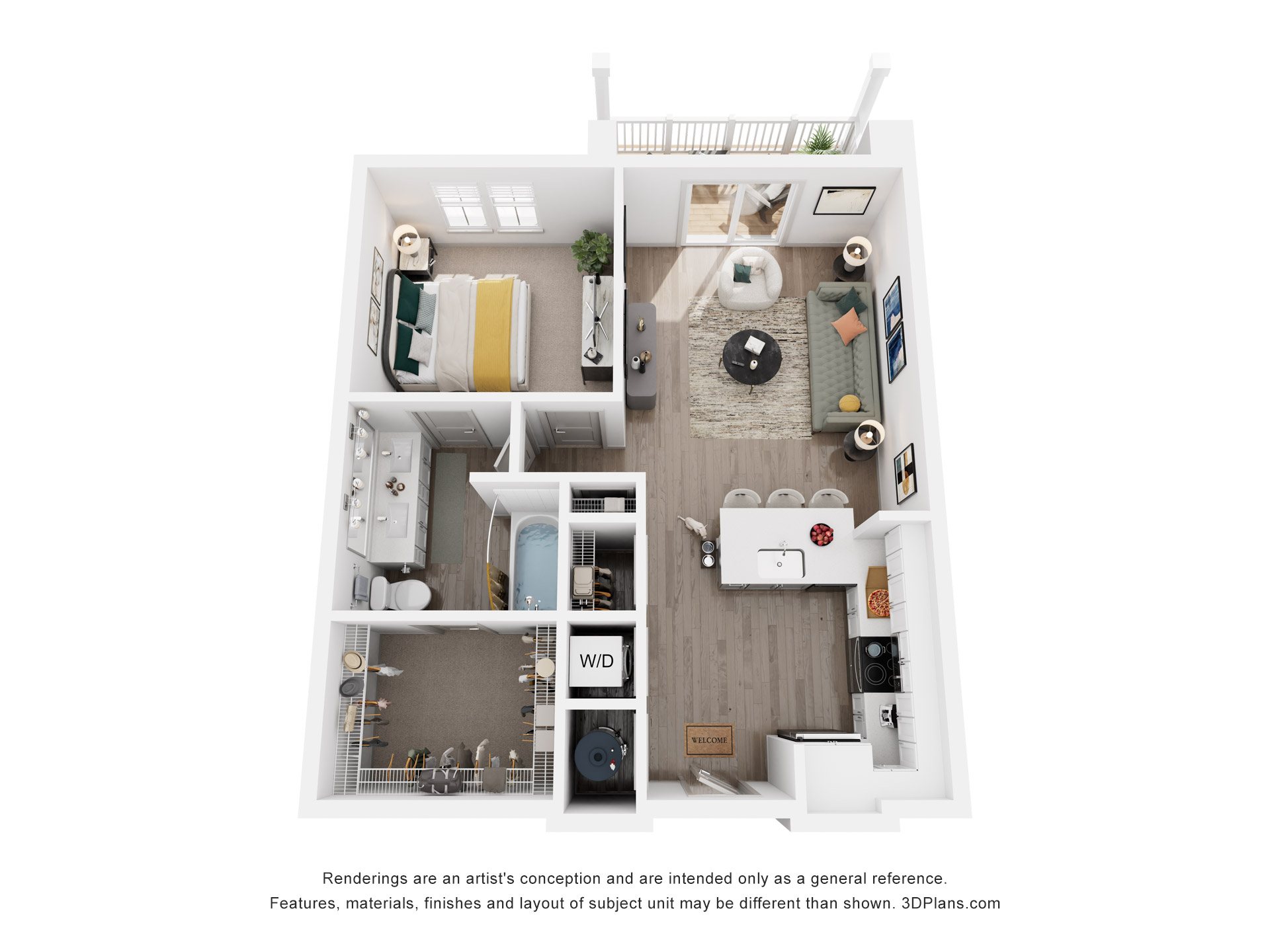 1 Bed 1 Bath Floor Plan | 734 Sq. Ft. at Artistry at Winterfield Apartments, Midlothian, Virginia 23112