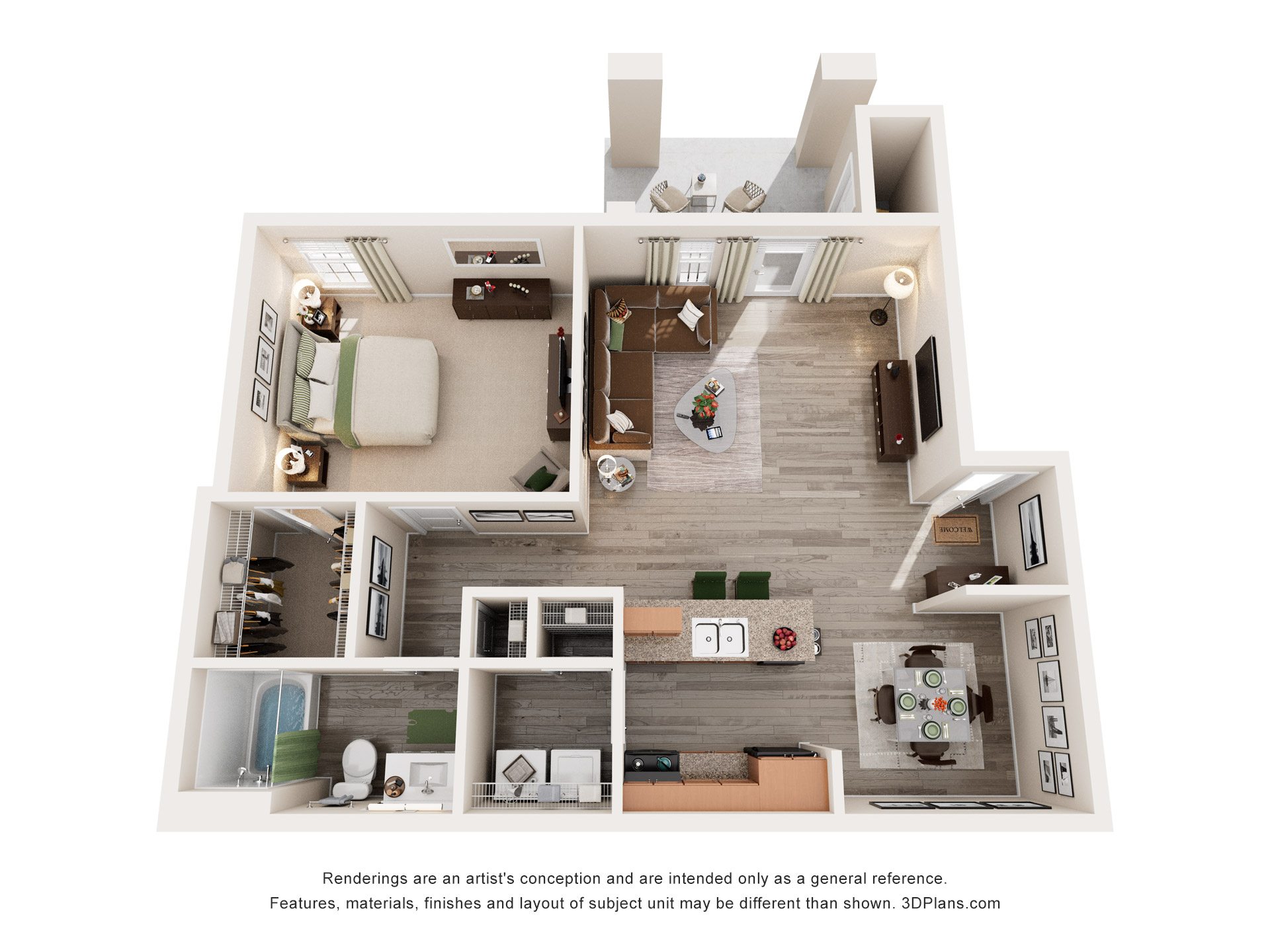 1 Bed 1 Bath Floor Plan | 850-970 Sq. Ft. at Bedford Parke Apartments, Warner Robins, Georgia, 31088