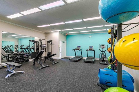 A gym with a variety of equipment including treadmills, weights, and exercise balls.
