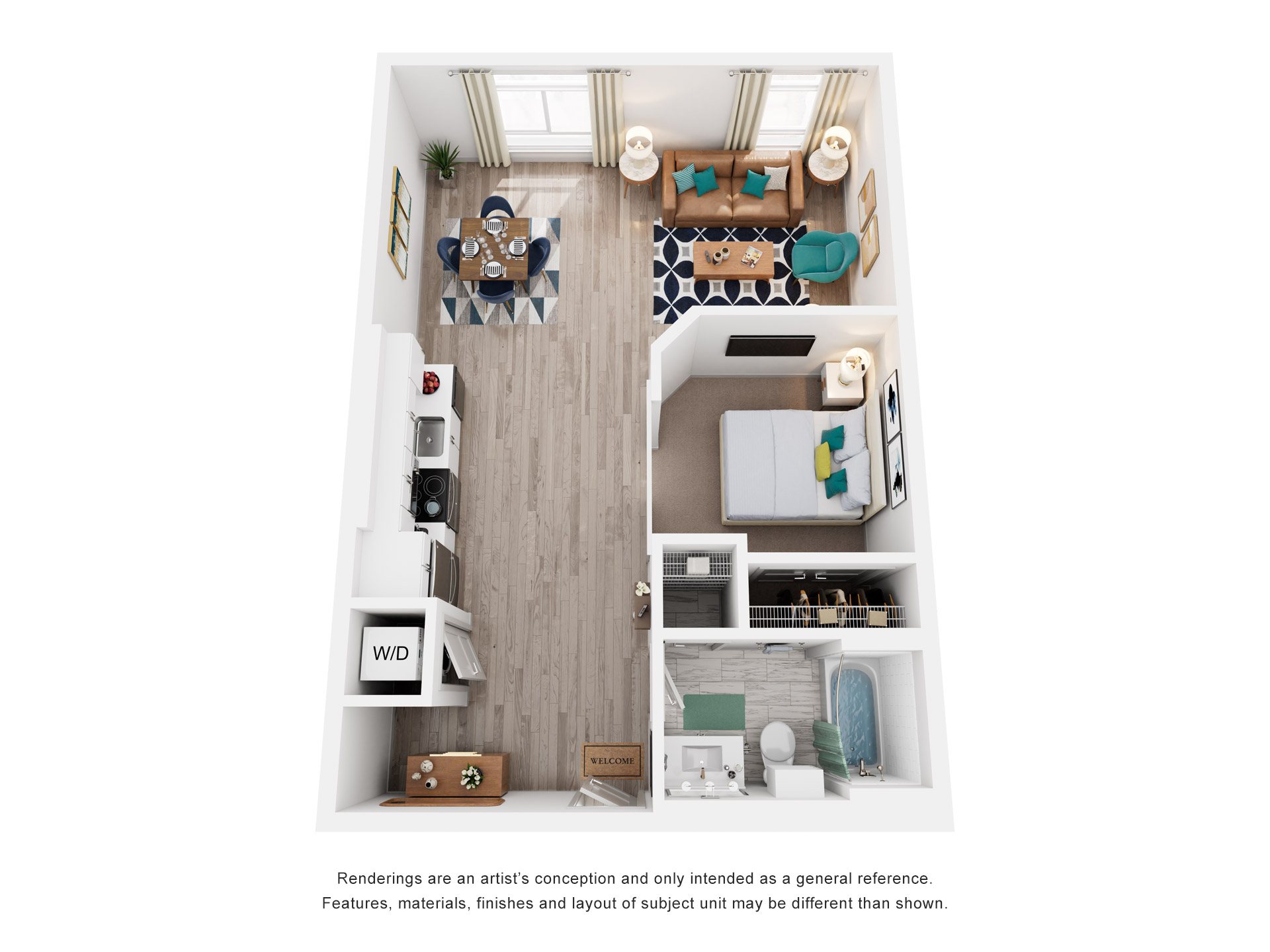 1 Bed 1 Bath Floor Plan | 585-595 Sq. Ft. at Vista Brooklynn Apartments, in Florida, 32202