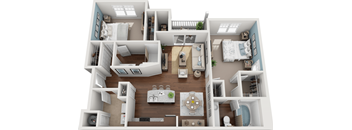 3D floor plan with two bedrooms and open living area at Colony at Centerpointe Apartments, Midlothian, 23114