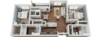 3D floor plan with two bedrooms | 1,220 Sq. Ft. at Colony at Centerpointe Apartments, Midlothian