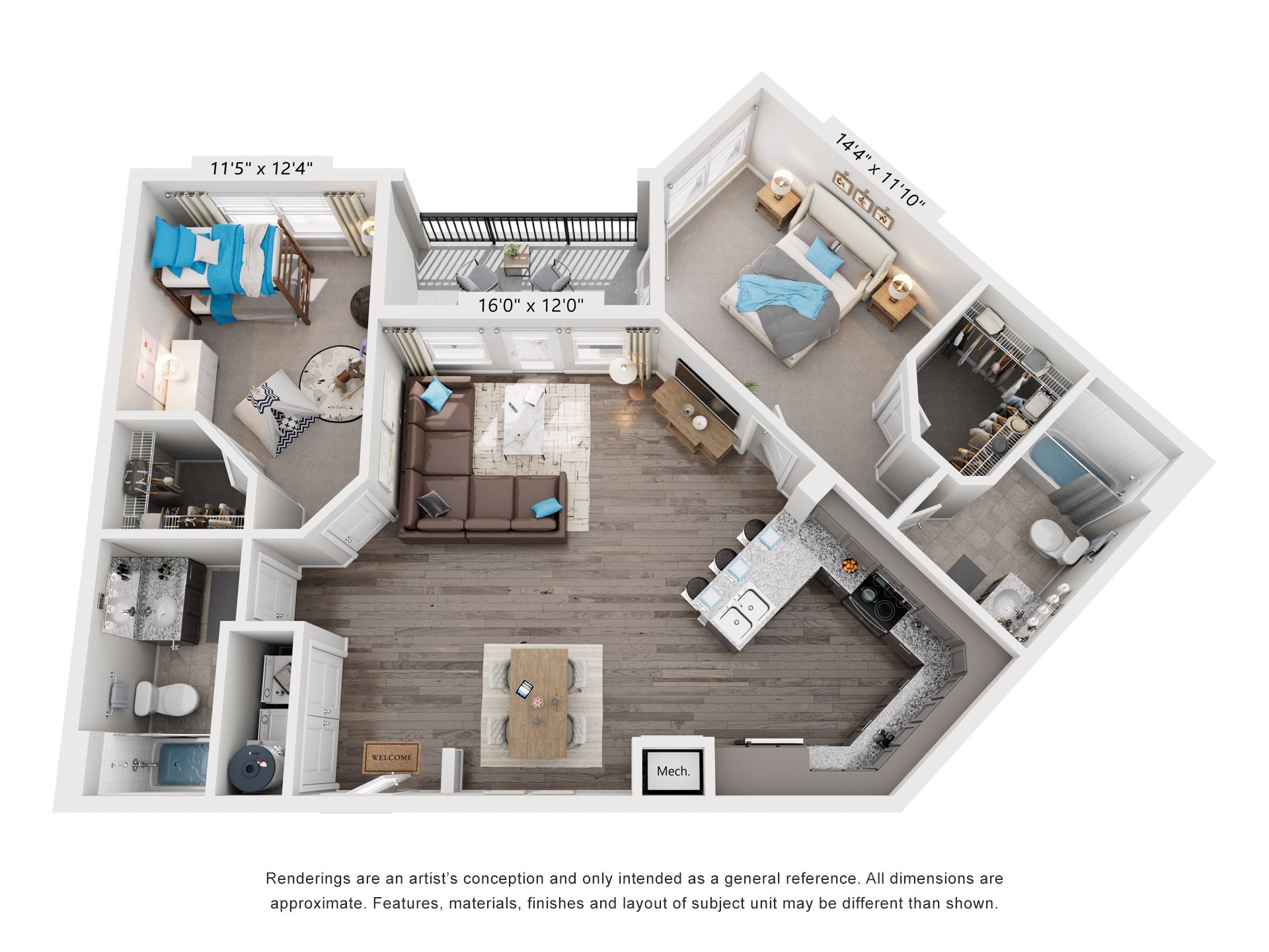 2 Bed 2 Bath Floor Plan | 1,110 Sq. Ft. at Streets of Greenbrier, Chesapeake, 23320