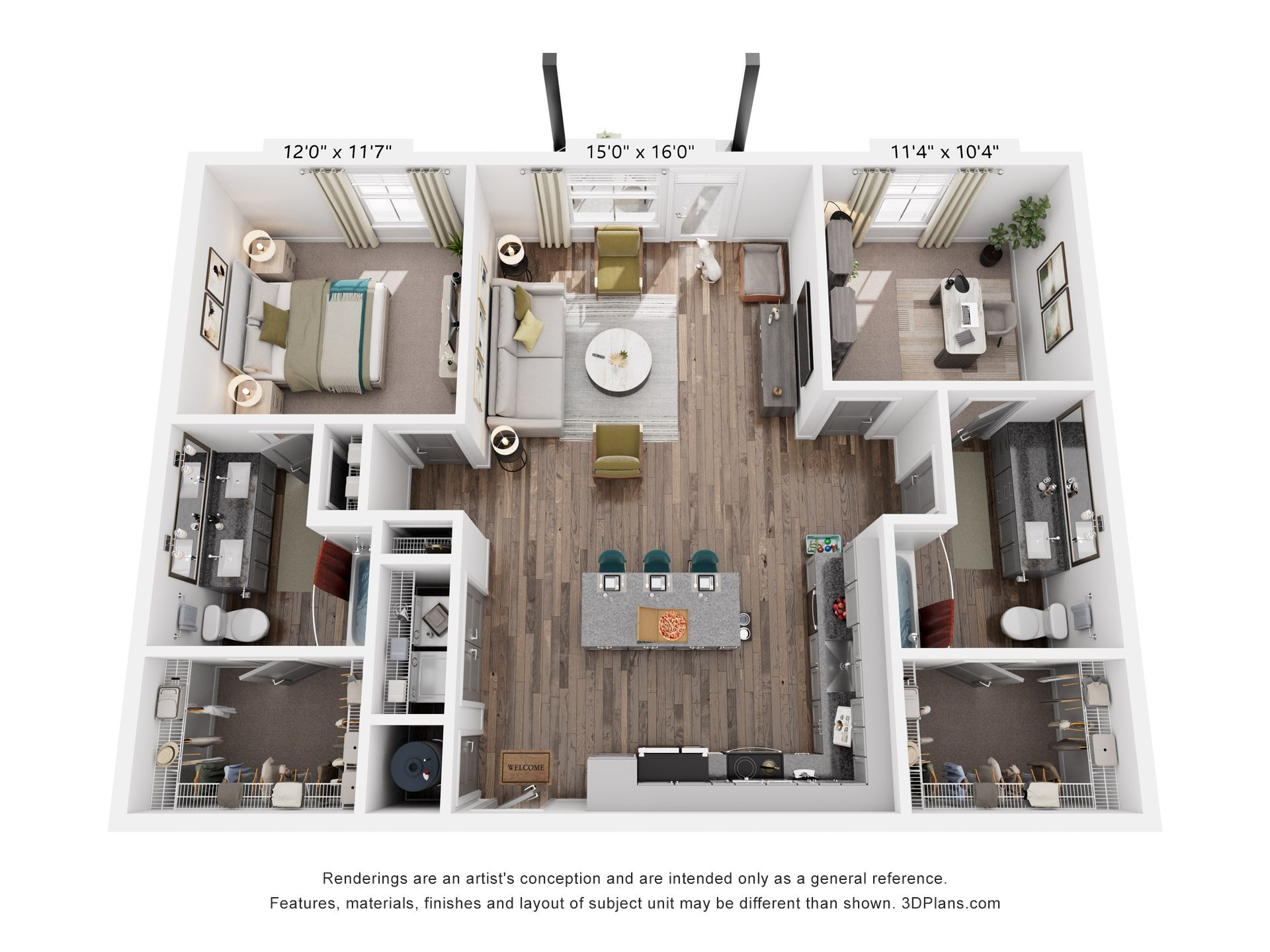 2 Bed 2 Bath Floor Plan | 1,160 Sq. Ft. at Livingston Flats Apartments, Chesterfield, VA, 23832