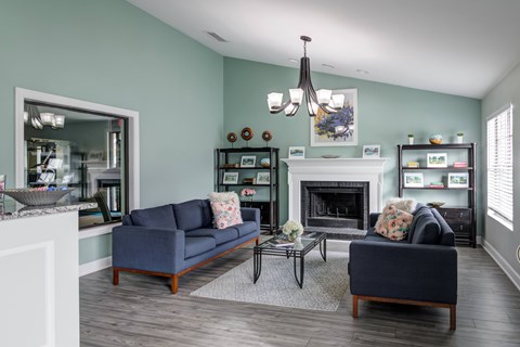 A living room with a fireplace and two couches.