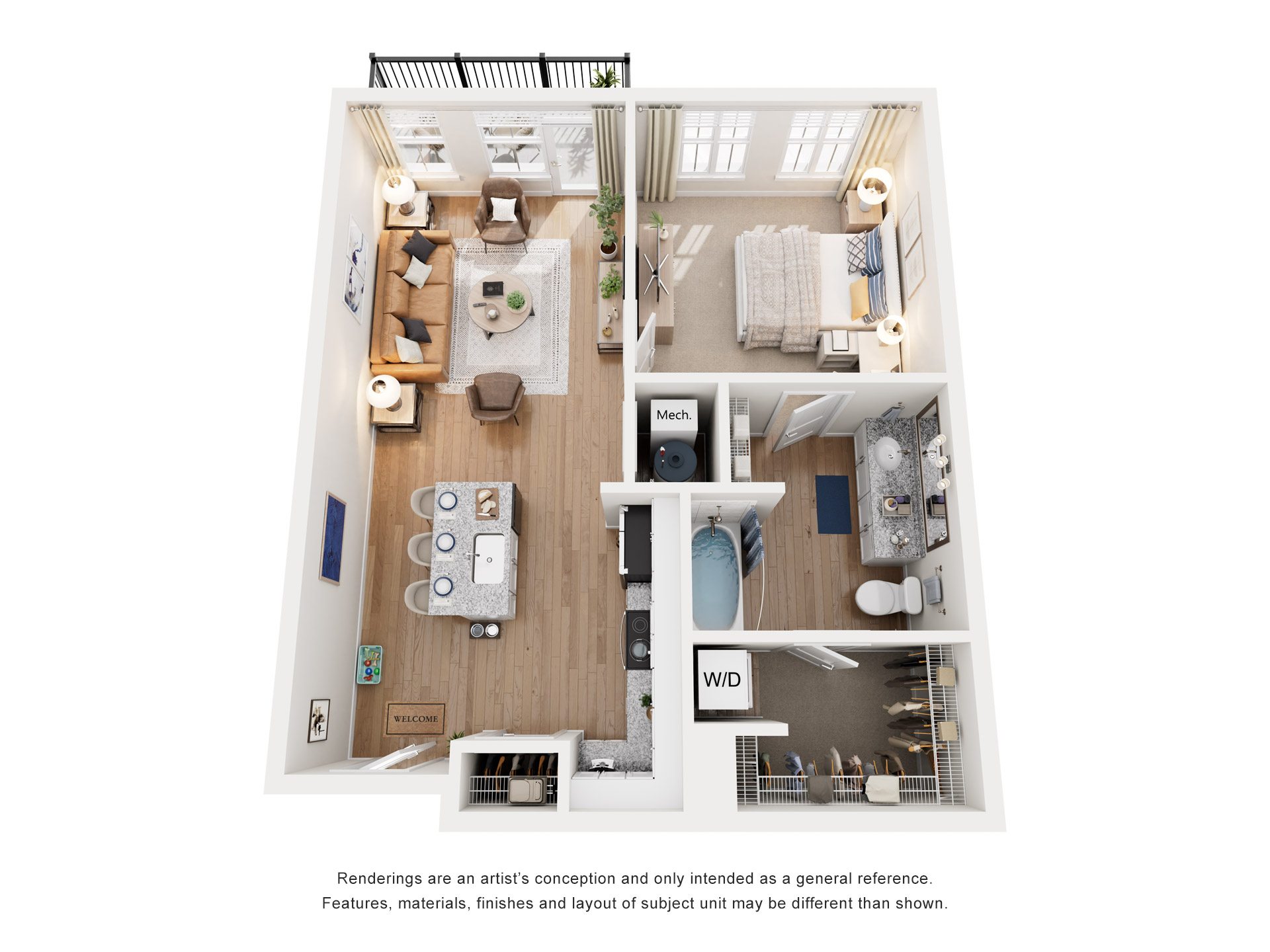 A floor plan of a small apartment with a kitchen, living room, and bedroom.