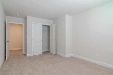 A room with a white door and a white closet.