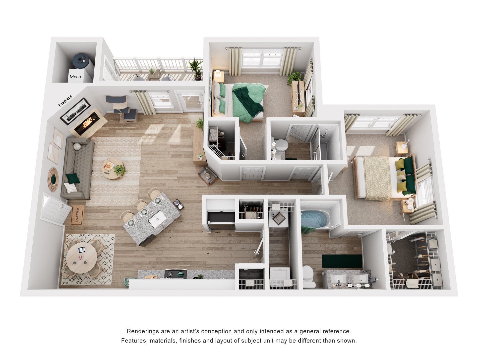 2 Bed 2 Bath Floor Plan | 1,070 Sq. Ft.  at SomerHill Farms Apartments, Gainesville 20155