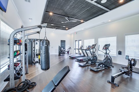 A gym with a variety of equipment including treadmills, weights, and a punching bag.