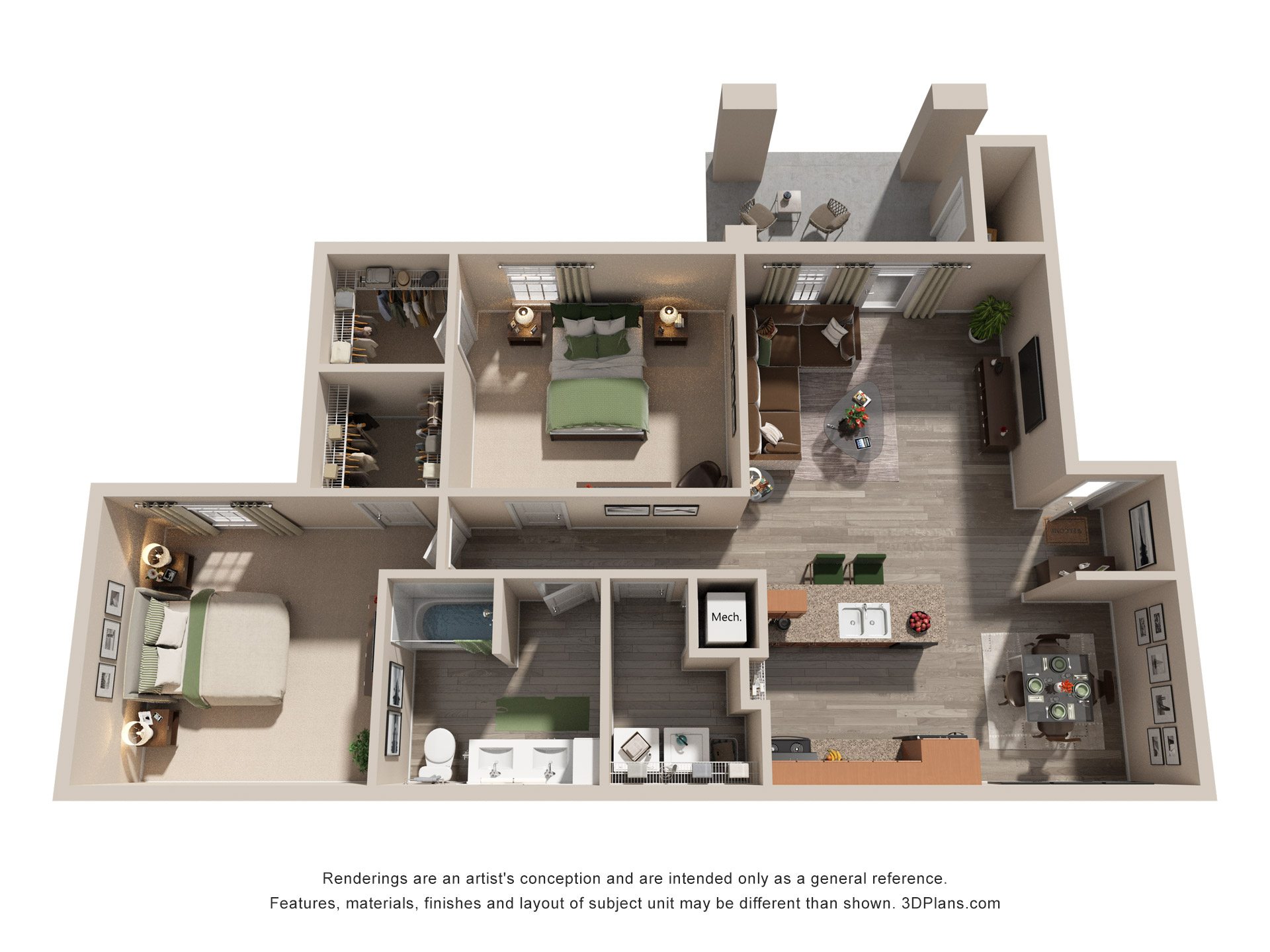 2 Bed 1 Bath Floor Plan | 1,296 Sq. Ft. at Bedford Parke Apartments, Warner Robins, Georgia