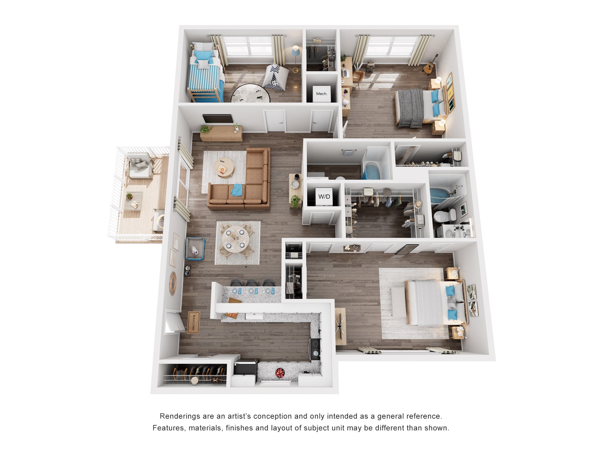 3 Bed 2 Bath Floor Plan | 1,065 Sq. Ft. at Trails at Short Pump Apartments in Richmond, Virginia