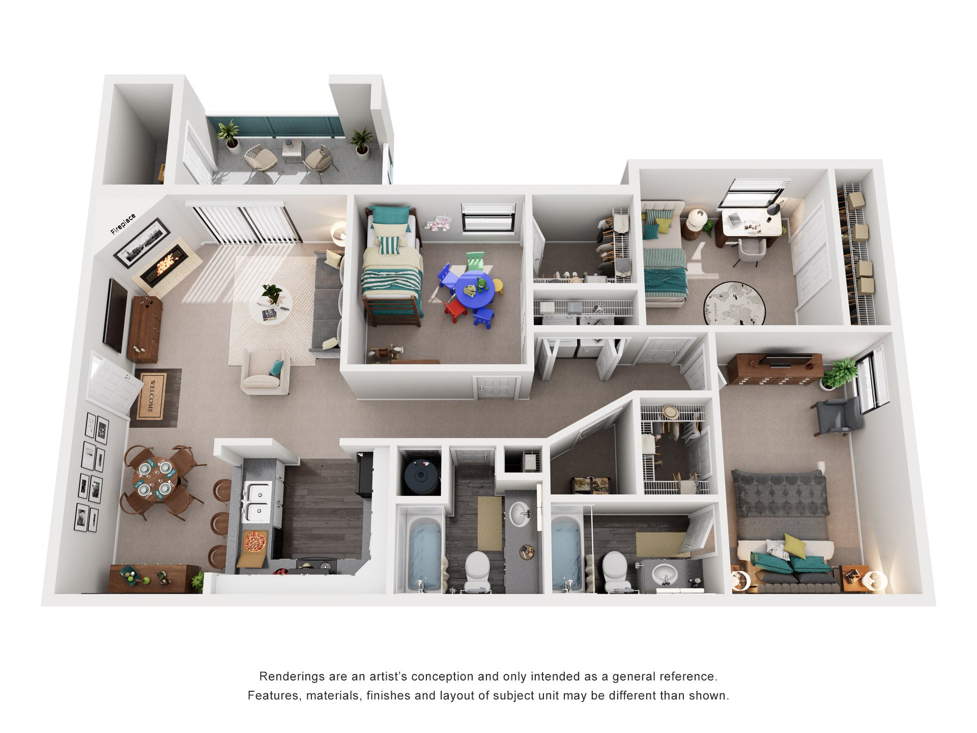 3 Bed 2 Bath Floor Plan | 1,346 Sq. Ft. at Southland Station Apartments, Warner Robins, GA