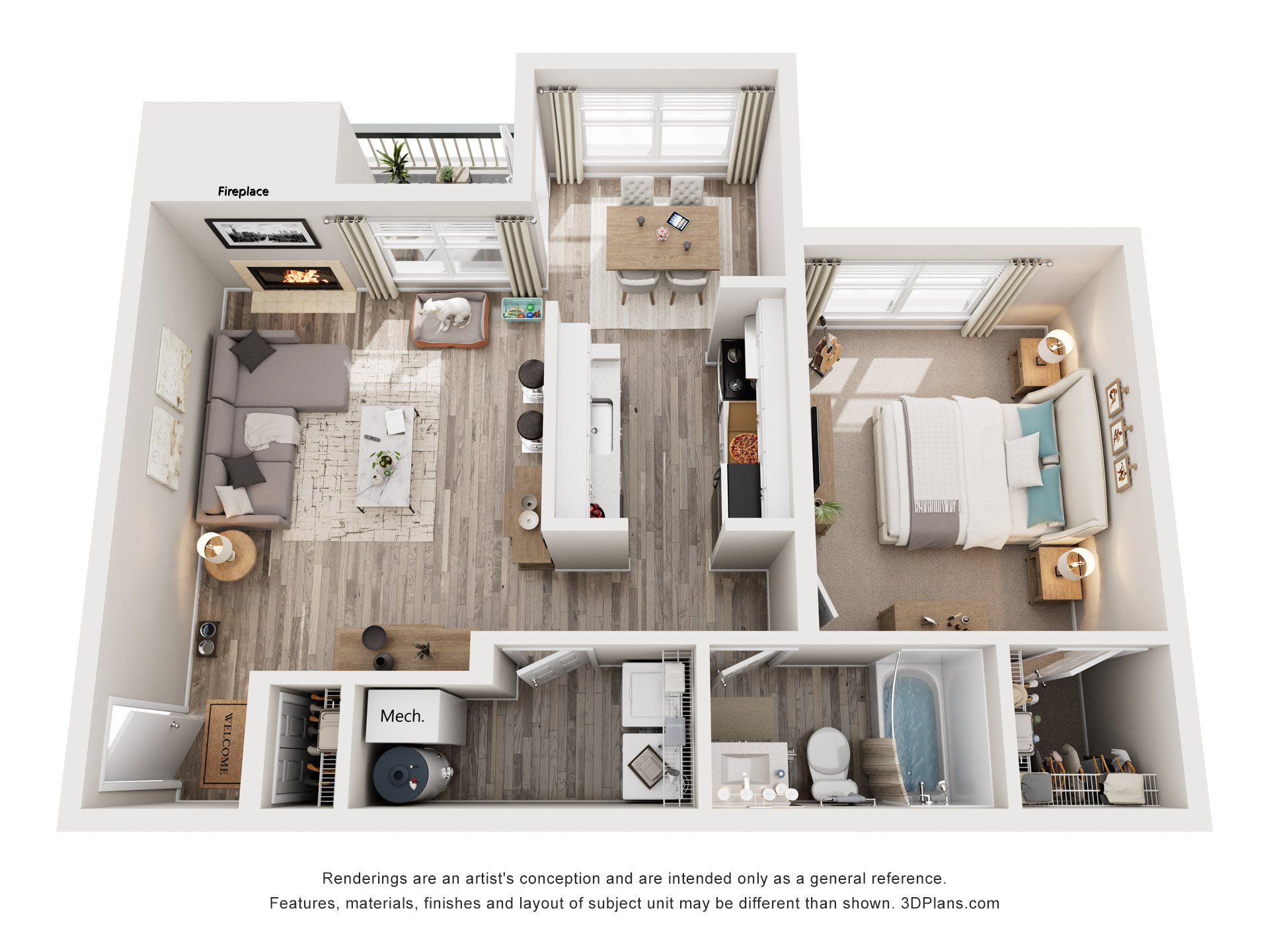 1 Bed 1 Bath Floor Plan | 650 Sq. Ft. at Hunters Chase Apartments, Midlothian, VA 23112