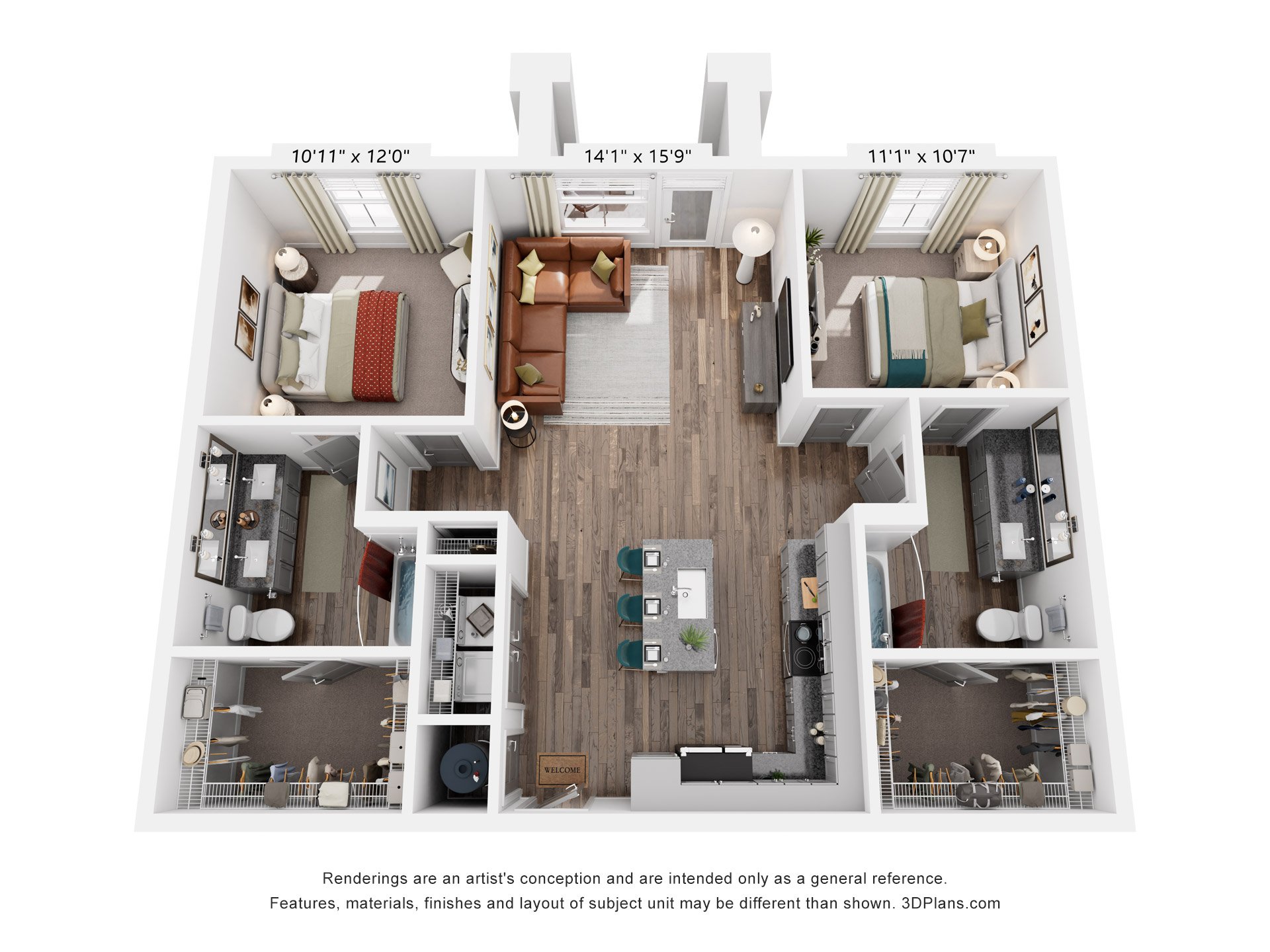 2 Bed 2 Bath Floor Plan | 1,102 Sq. Ft. at Livingston Flats Apartments, VA, 23832