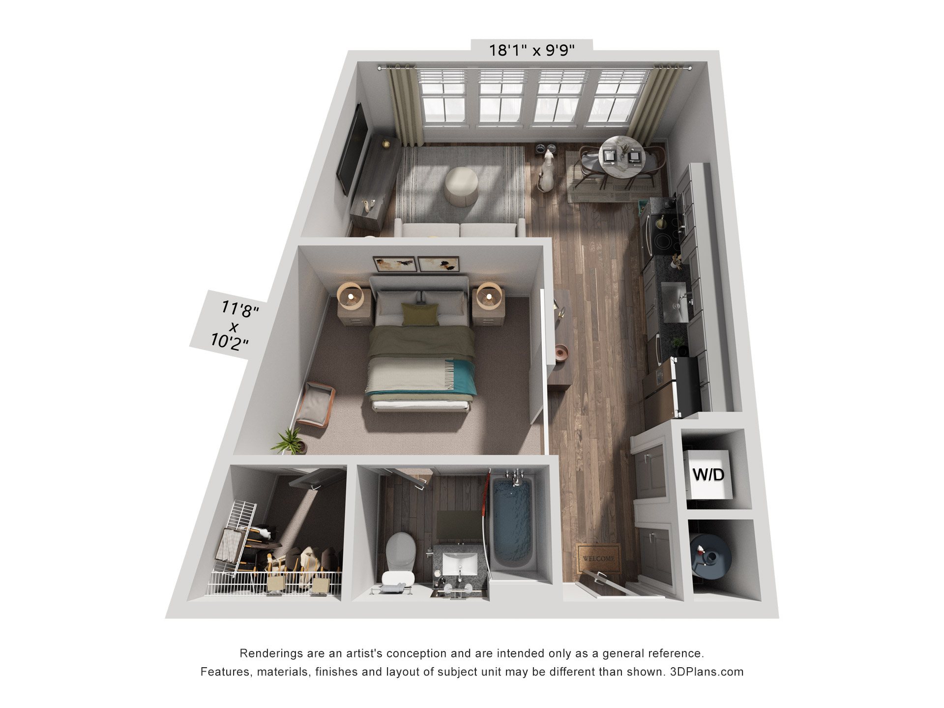 Studio 1 Bath Floor Plan | 587 Sq. Ft. at Livingston Flats Apartments, Chesterfield, 23832