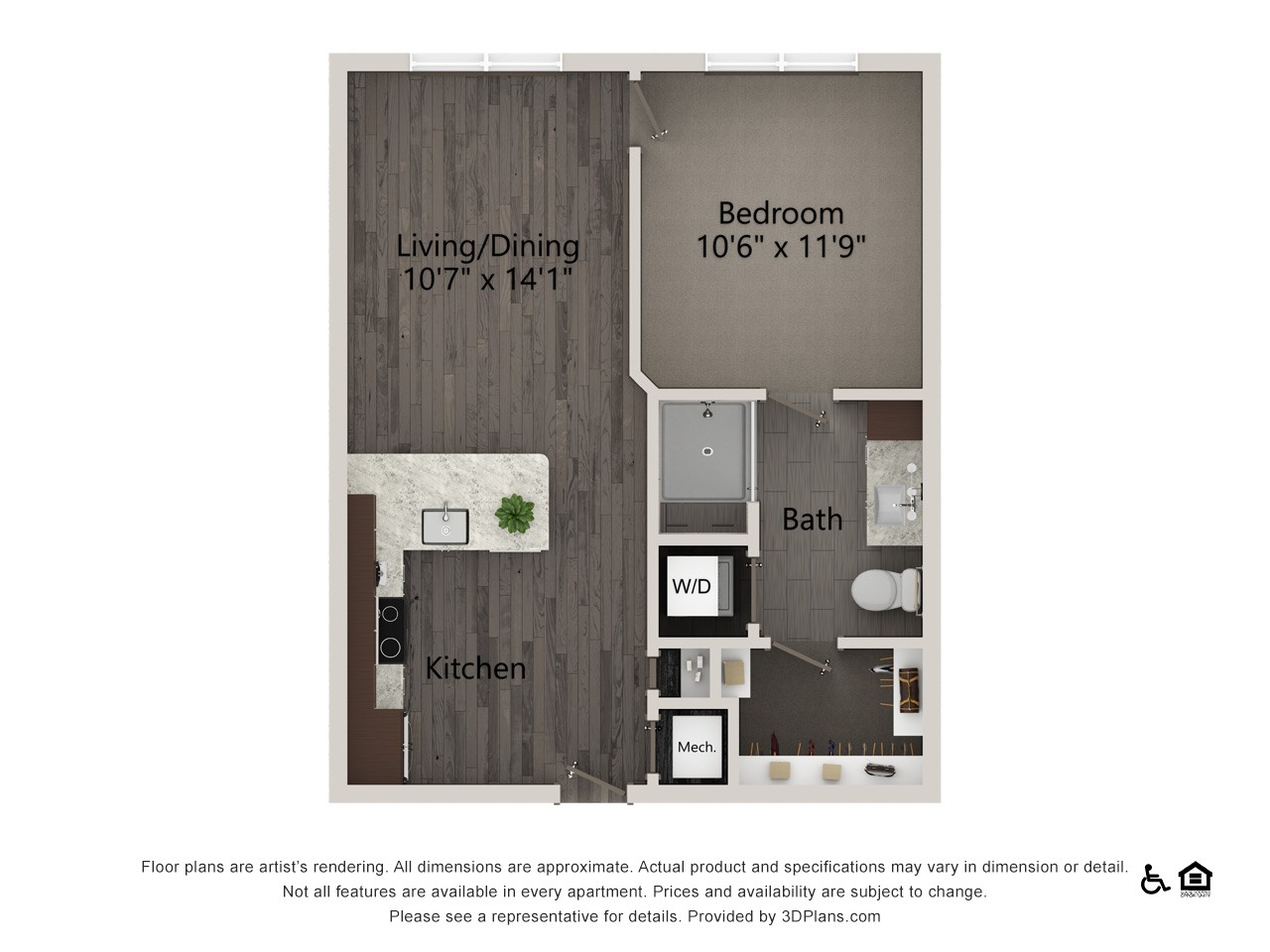 A floor plan of a small apartment with a living/dining area, kitchen, bathroom, and bedroom.