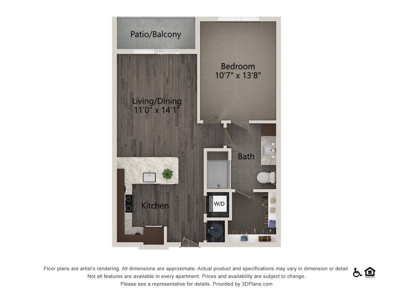 A floor plan of a living space with a kitchen, bathroom, and bedroom.