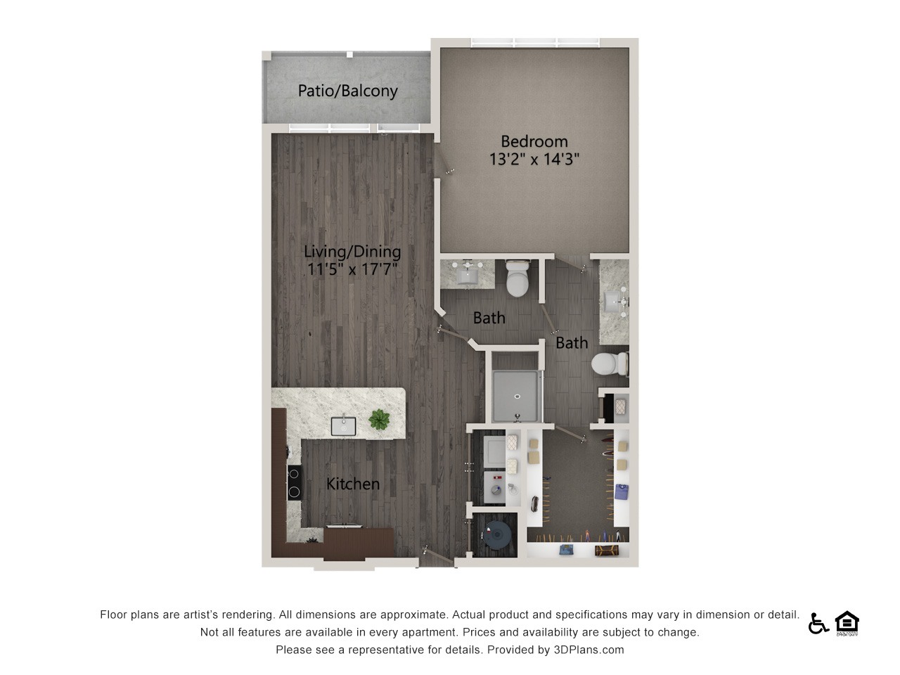 A floor plan of an apartment with a living area, kitchen, bathroom, and bedroom.