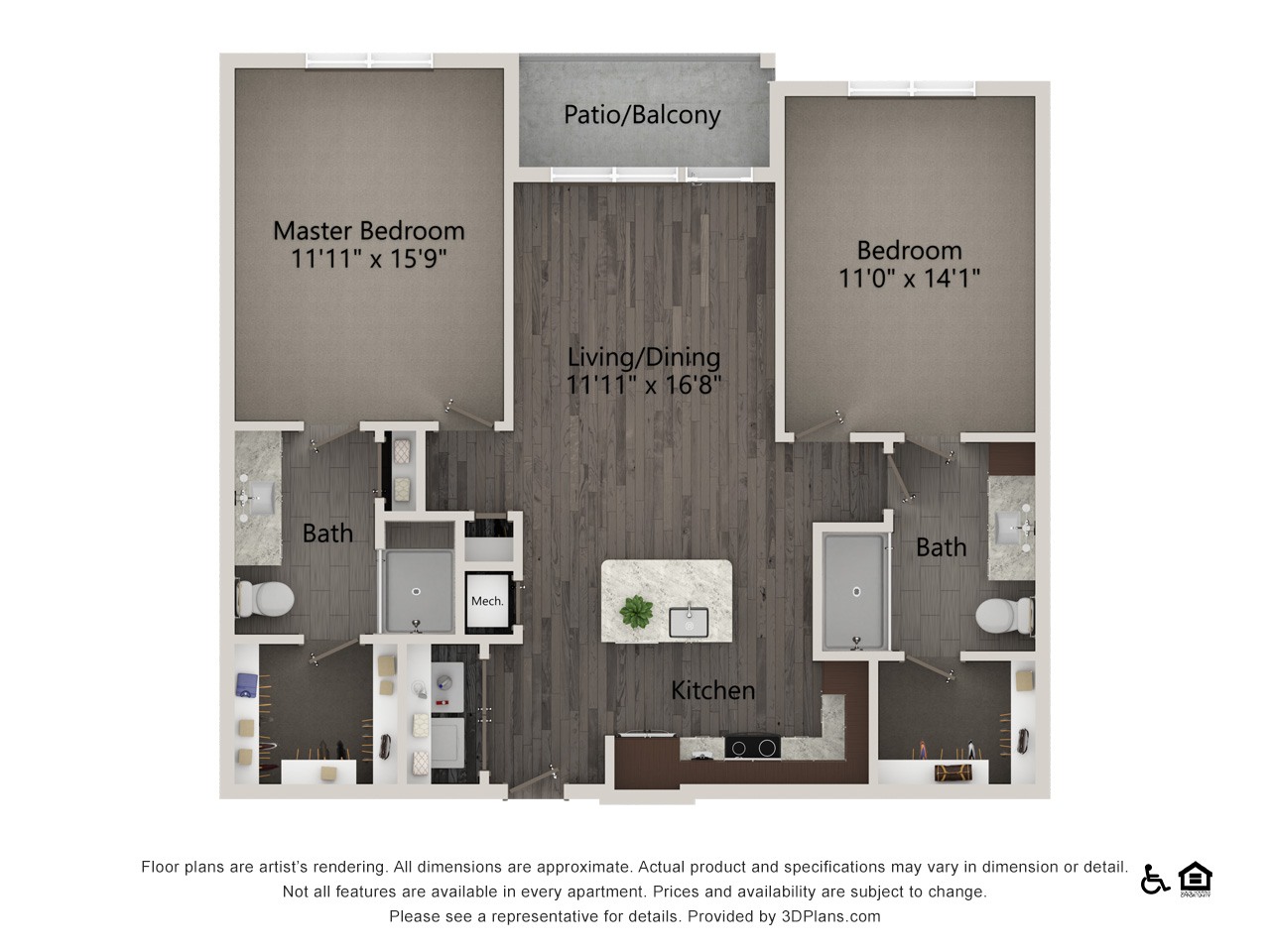 A floor plan of an apartment with a master bedroom, a bedroom, a living/dining area, a kitchen, and two bathrooms.