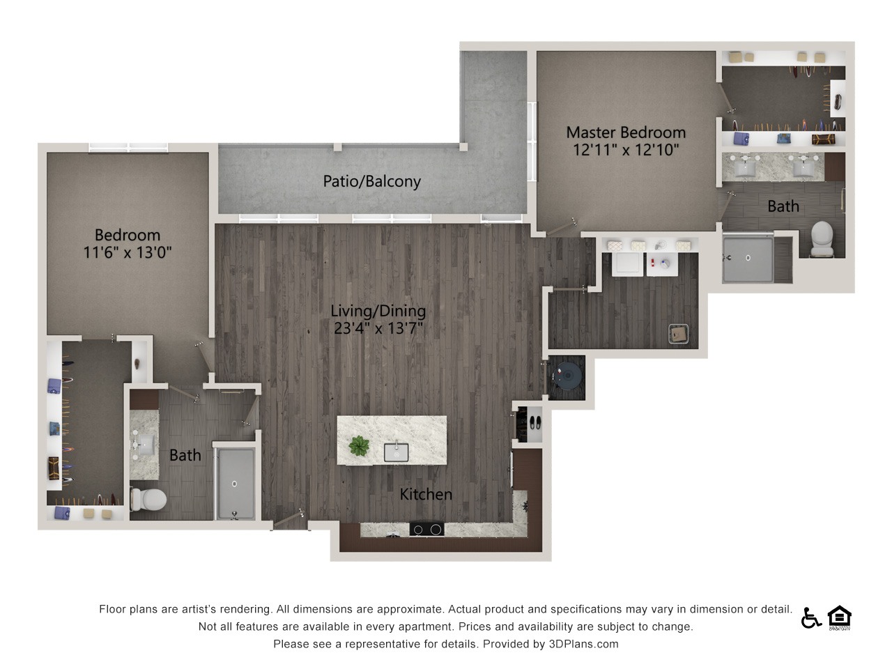 A floor plan of an apartment with a living room, kitchen, bedroom, bathroom, and patio/balcony.