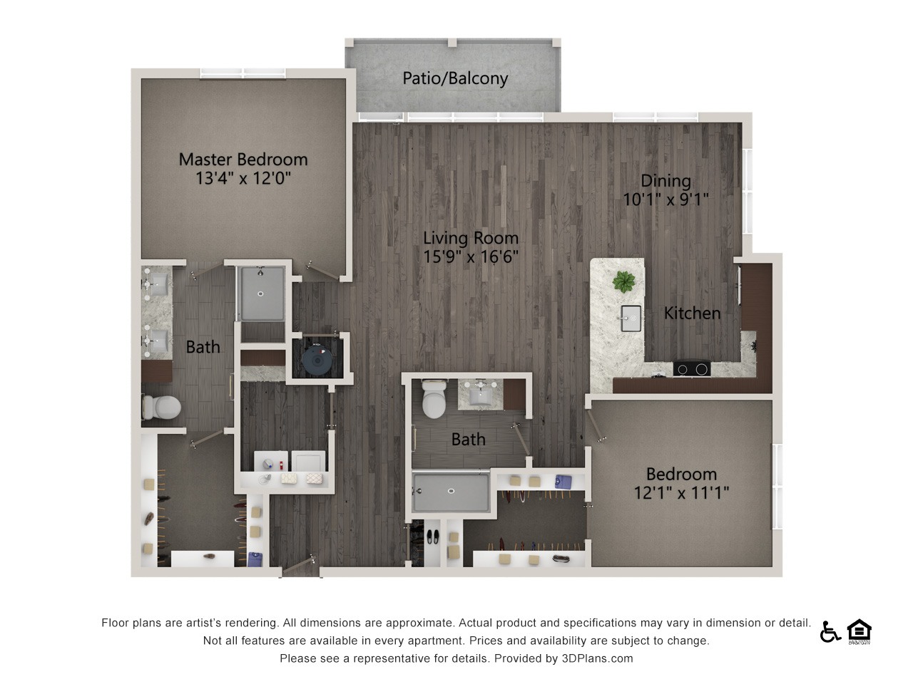 A floor plan of an apartment with a master bedroom, living room, dining room, kitchen, and two bathrooms.
