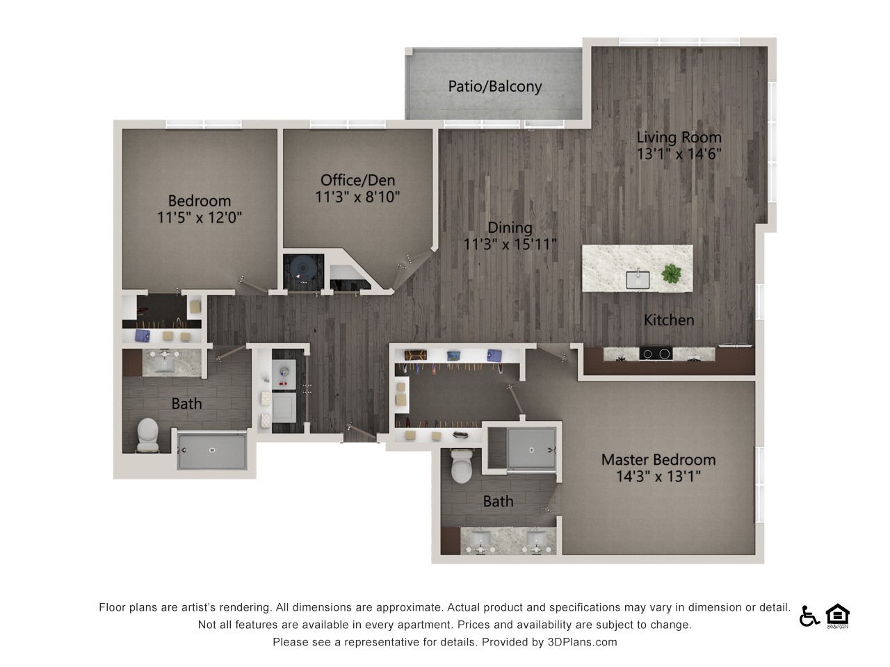 A floor plan of an apartment with a living room, dining room, kitchen, and four bedrooms.