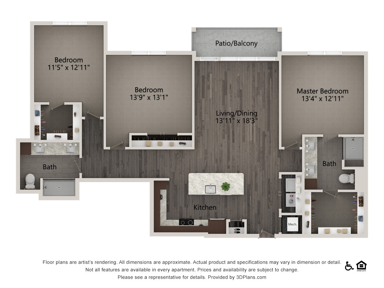 A 3D floor plan of an apartment with a living room, dining room, kitchen, and three bedrooms.