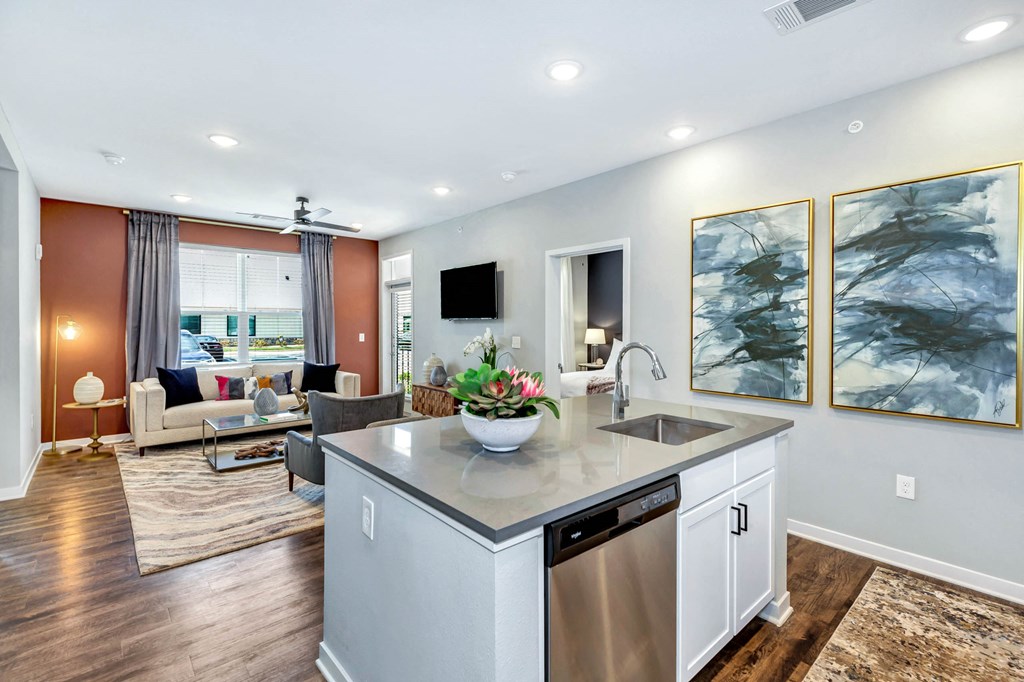 Kitchen and living at Farmhaus Apartments, Madison