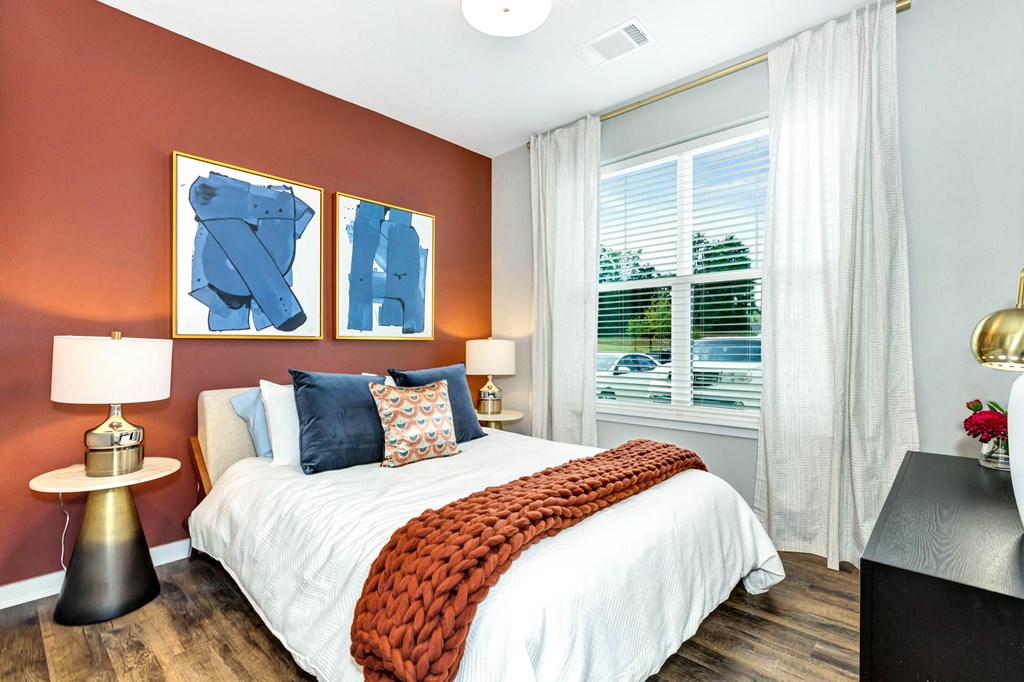 Cozy bed at Farmhaus Apartments, Madison, 35757