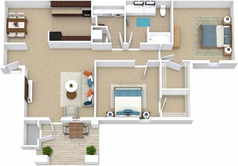 a floor plan of a house with furniture and a swimming pool at Bedford Parke Apartments, Warner Robins Georgia