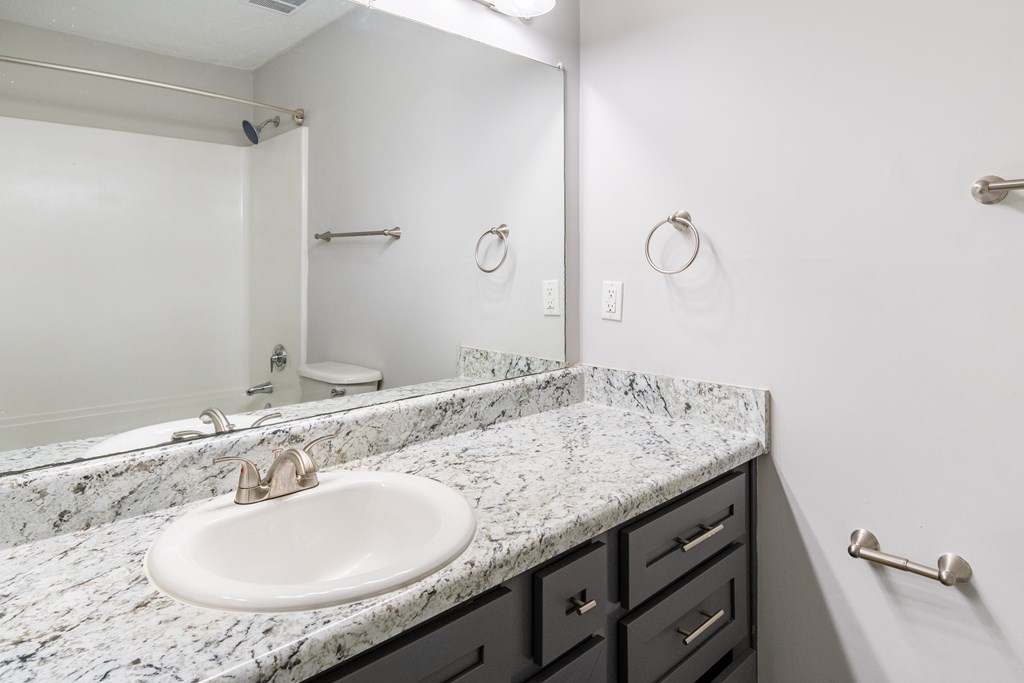 A bathroom with a marble countertop and a white sink